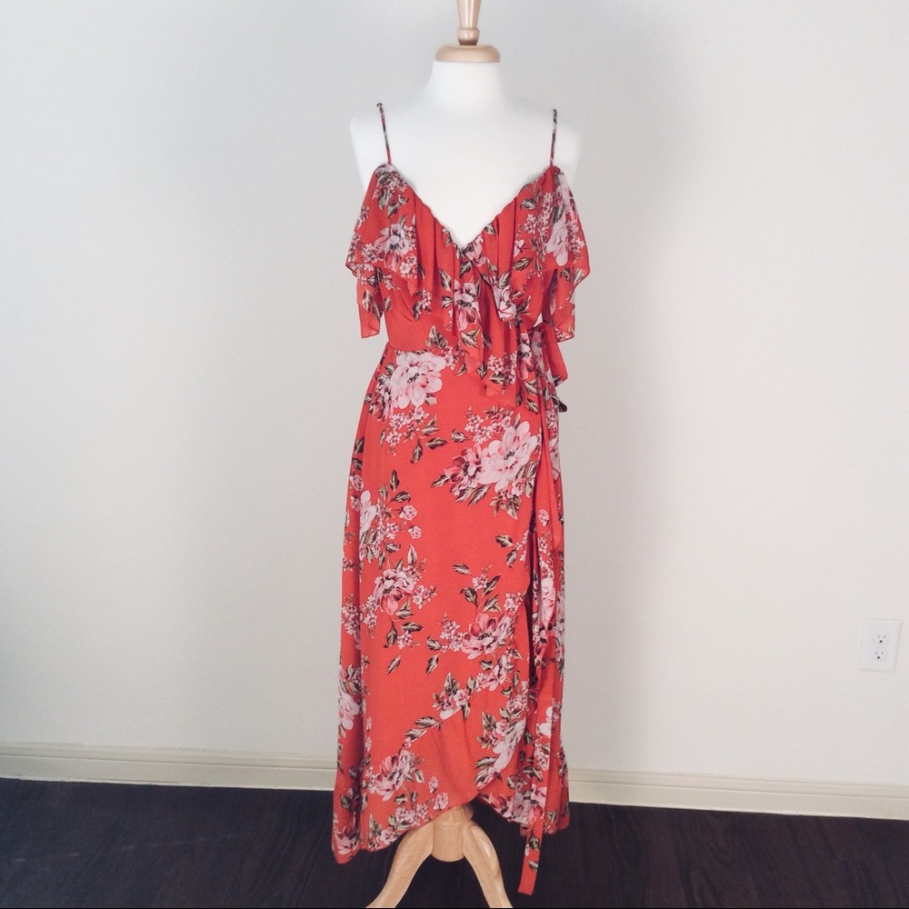 WAYF Floral Cold Shoulder Maxi Wrap Dress